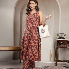 Cotton Calf Length Printed Sleeveless V-Neck Flared Kurta Suit Set