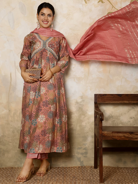 Pink Rayon Calf Length Printed V-Neck Flared Kurta Suit Set