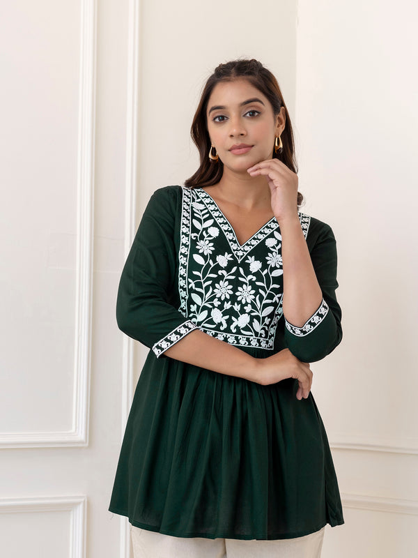 Bottle Green Rayon Hip Length Solid V-Neck Solid Embroidered Semi-Flared Top