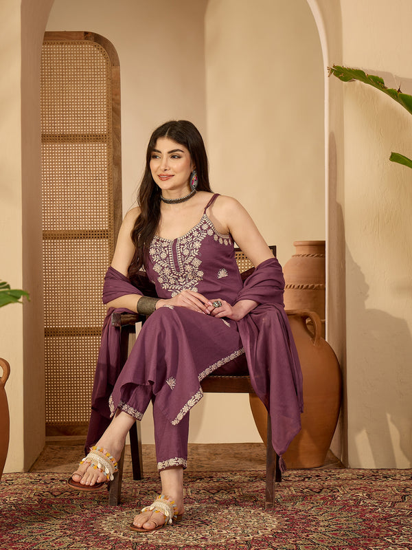 Gulmohar Jaipur Cotton Calf Length Solid Sleeveless V-Neck Straight Kurta Suit Set