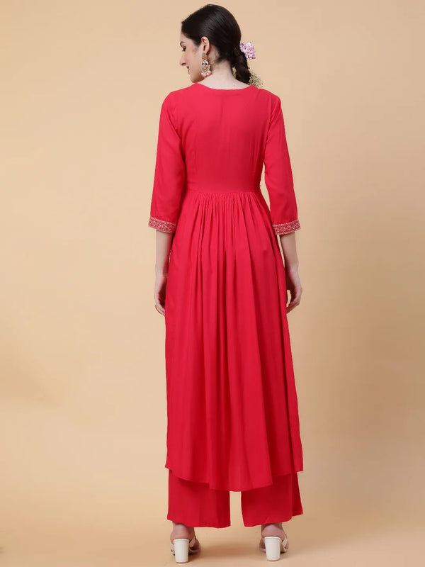Coral Solid Embroidered On Yoke Kurta Suit Set