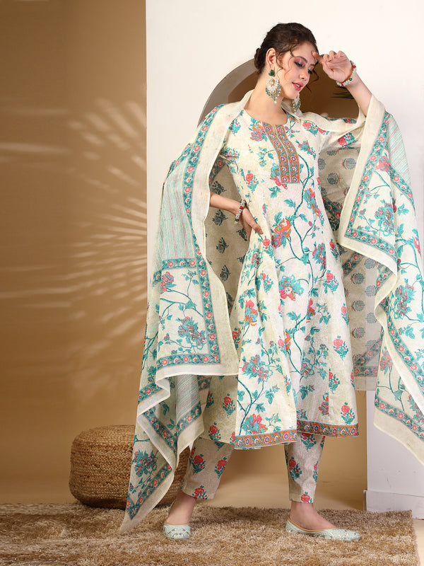 Off White Printed Cotton Kurta Suit Set