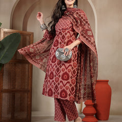 Gulmohar Jaipur Cotton Calf Length Printed 3/4 Sleeves Round Neck Straight Kurta Suit Set