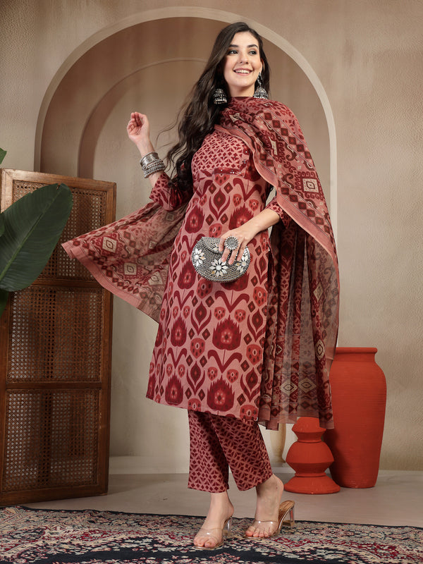 Gulmohar Jaipur Cotton Calf Length Printed 3/4 Sleeves Round Neck Straight Kurta Suit Set