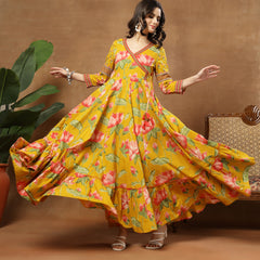 Cotton Ankle Length Printed 3/4 Sleeves V-Neck Flared Kurta