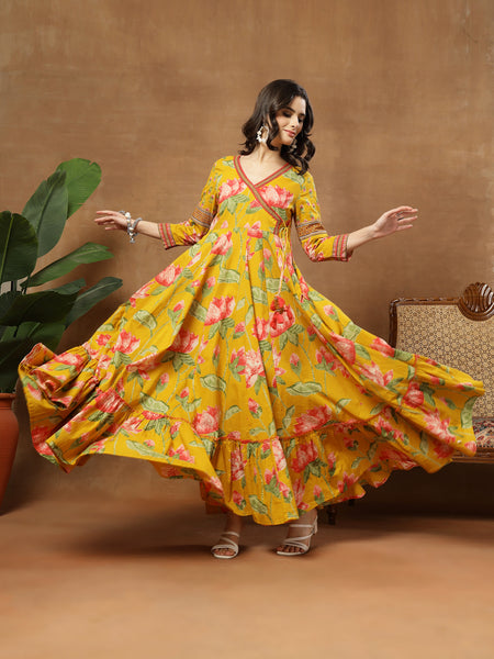 Cotton Ankle Length Printed 3/4 Sleeves V-Neck Flared Kurta