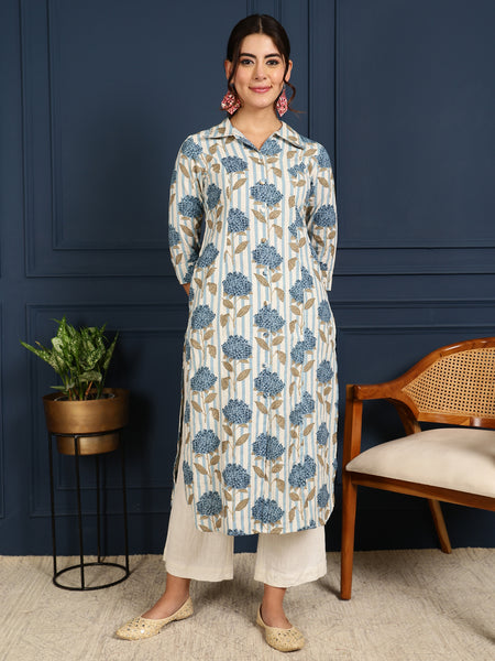 Blue Cotton Flex Calf Length Printed Shirt Coller Straight Kurta