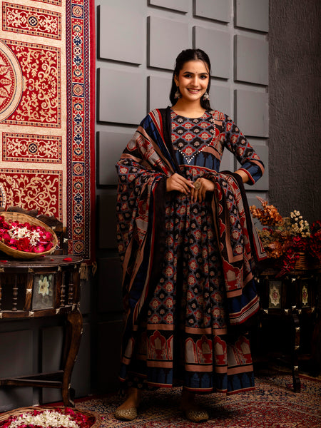 Navy Blue Cotton Calf Length Printed Anarkali Round Neck Kurta Suit Set