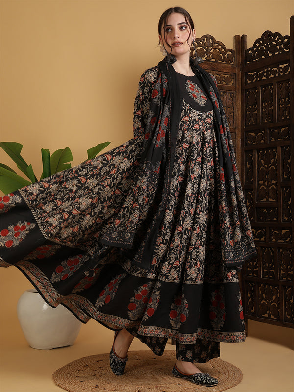 Black Pure Cotton Printed Hand-Work Anarkali Kurta Suit Set