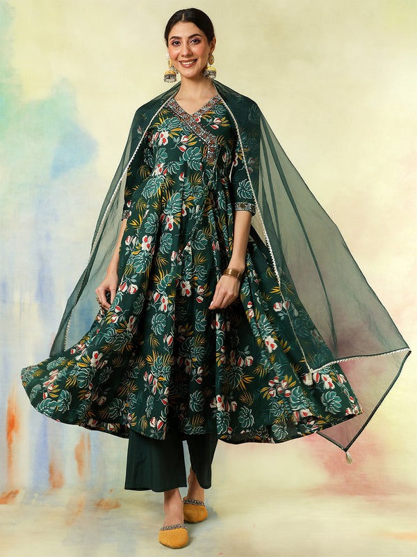 Black Pure Cotton Printed hand-Work Anarkali Kurta Suit Set