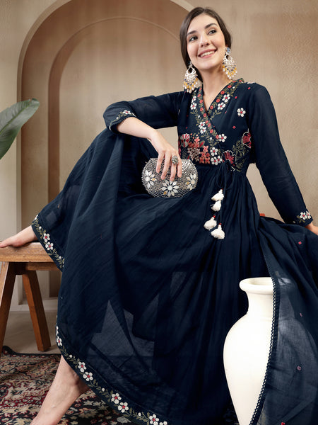 Gulmohar Jaipur Cotton Calf Length Solid Full Sleeves Anrakha Neck Flared Kurta Suit Set