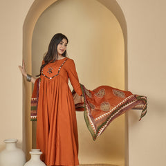 Gulmohar Jaipur Cotton Calf Length Solid 3/4 Sleeves Round Neck Flared Kurta Suit Set