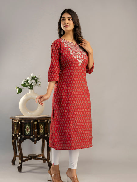 Maroon Cotton Calf Length Printed Straight Round Neck Kurta