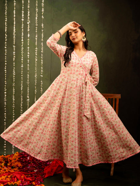 Off White Cotton Calf Length Printed Flared Angrakha Kurta