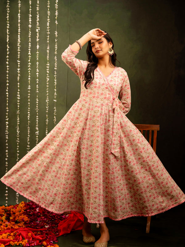 Off White Cotton Calf Length Printed Flared Angrakha Kurta
