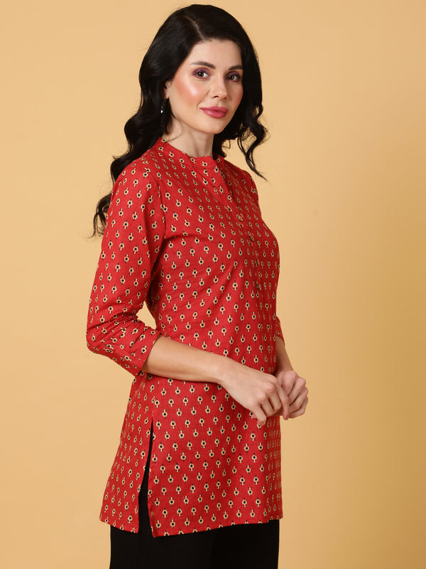 Cotton  Midi Length Printed Straight 3/4 Sleeves Mandarin Top