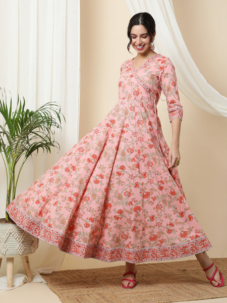 Cotton Ankle Length Printed Flared 3/4 Sleeves V-Neck Kurta