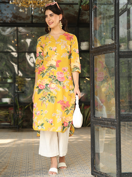 Yellow Cotton Calf Length Printed Straight Round Neck Kurta