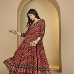 Gulmohar Jaipur Cotton Ankle Length Printed 3/4 Sleeves V-Neck Anarkali Kurta