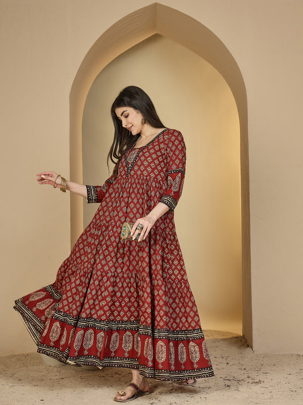 Gulmohar Jaipur Cotton Ankle Length Printed 3/4 Sleeves V-Neck Anarkali Kurta