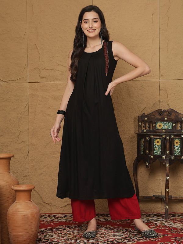 Black Rayon Calf Length Solid  Round Neck A-line Kurta