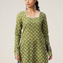 Cotton Hip Length Printed Full Sleeve Sweet Heart Neck Straight Top