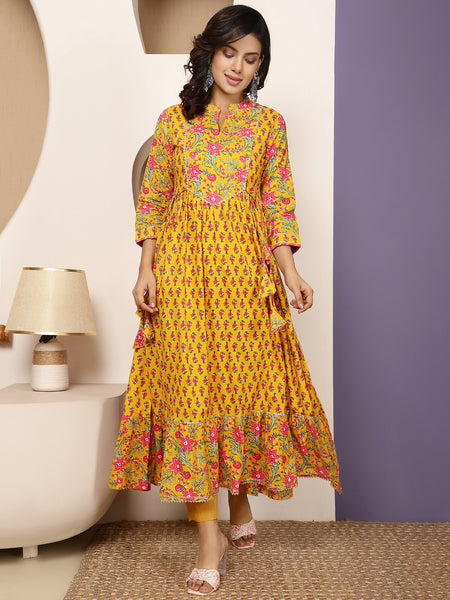 Mustard Cotton Calf Length Printed Round Flared Gown