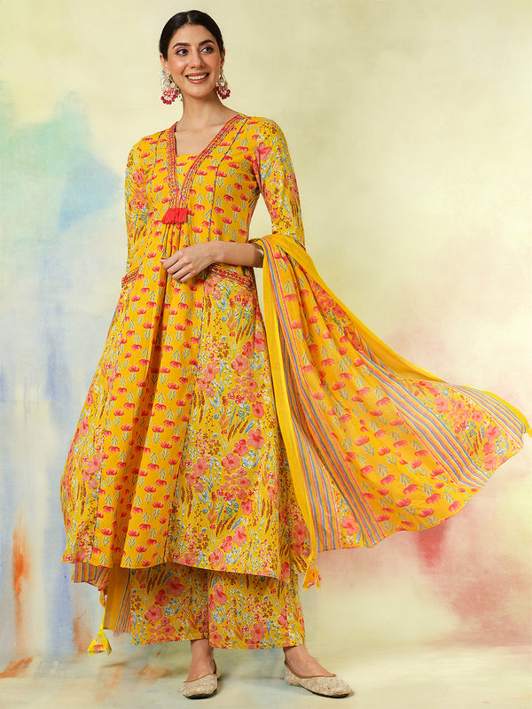 Black Pure Cotton Printed Embroidered Semi-Flared Kurta Suit Set
