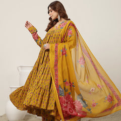 Cotton Calf Length Printed Full Sleeve V-Neck Flared Kurta Suit Set