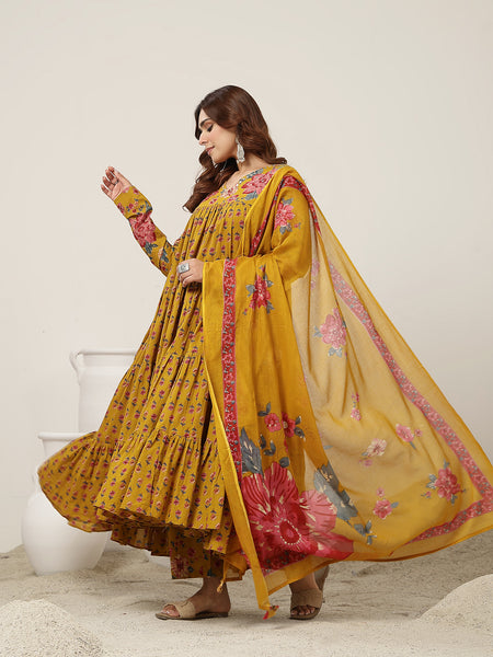 Cotton Calf Length Printed Full Sleeve V-Neck Flared Kurta Suit Set