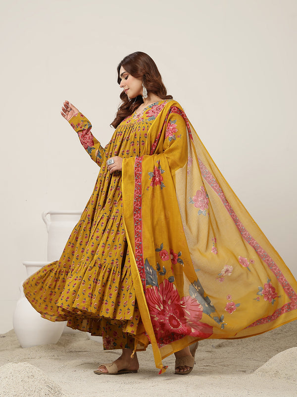 Cotton Calf Length Printed Full Sleeve V-Neck Flared Kurta Suit Set