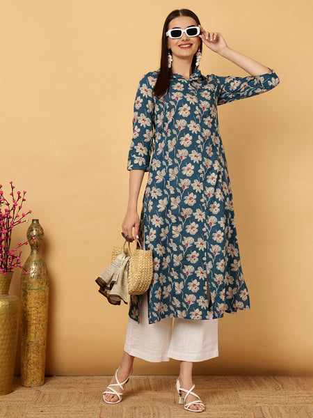 Blue Rayon Calf Length Floral A-Line Shirt Coller Kurta