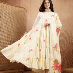 Gulmohar Jaipur Malmal Calf Length Printed 3/4 Sleeves Round Neck Anarkali Kurta Suit Set