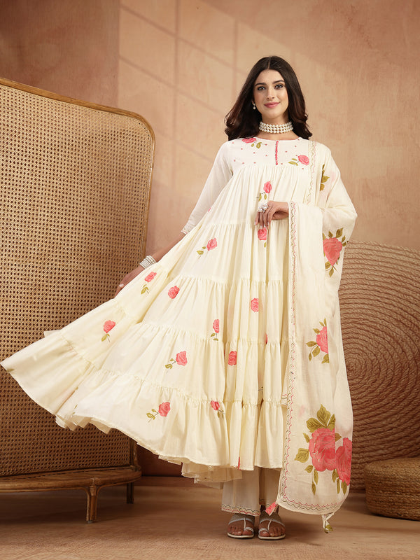 Gulmohar Jaipur Malmal Calf Length Printed 3/4 Sleeves Round Neck Anarkali Kurta Suit Set