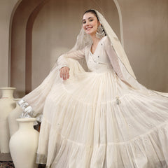 Gulmohar Jaipur Malmal Calf Length Solid Full Sleeves Anrakha Neck Anarkali Kurta Suit Set