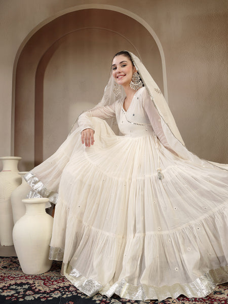 Gulmohar Jaipur Malmal Calf Length Solid Full Sleeves Anrakha Neck Anarkali Kurta Suit Set