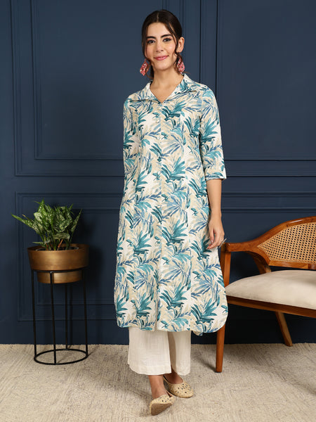 Green Cotton Flex Calf Length Printed Shirt Coller Straight Kurta