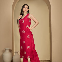 Gulmohar Jaipur Rayon Calf Length Printed Sleeveless V-Neck Straight Kurta Suit Set