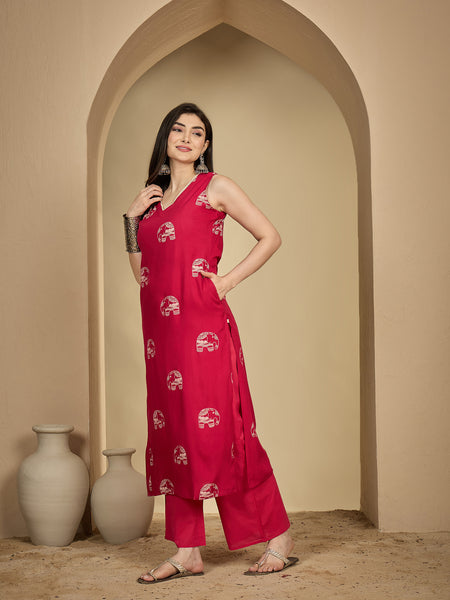 Gulmohar Jaipur Rayon Calf Length Printed Sleeveless V-Neck Straight Kurta Suit Set