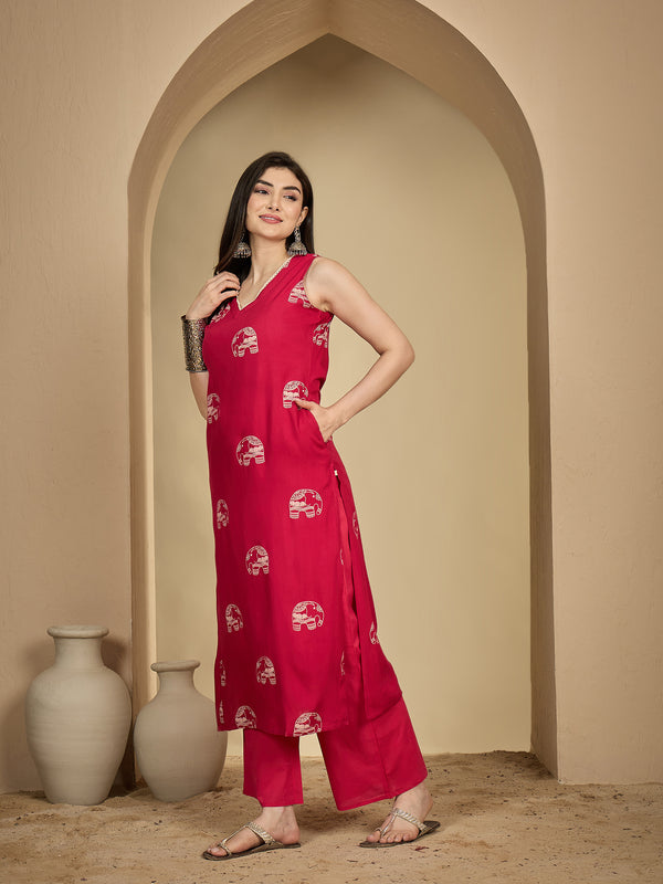 Gulmohar Jaipur Rayon Calf Length Printed Sleeveless V-Neck Straight Kurta Suit Set