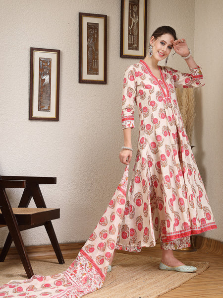 Pink Cotton Calf Length Printed V-Neck Anarkali Kurta Suit Set