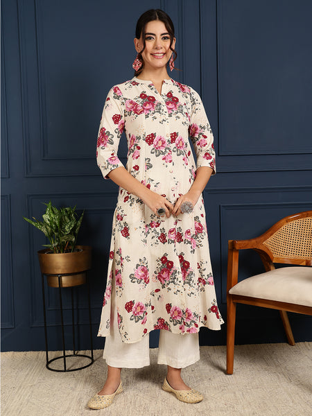 Pink Cotton Flex Calf Length Printed Mandarin  A-Line Coller Kurta