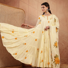 Gulmohar Jaipur Malmal Calf Length Printed 3/4 Sleeves Round Neck Anarkali Kurta Suit Set