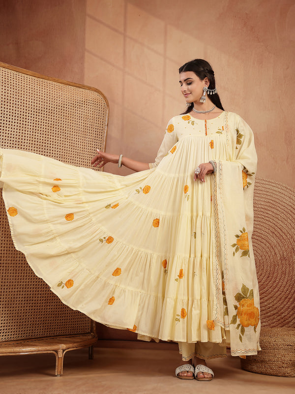 Gulmohar Jaipur Malmal Calf Length Printed 3/4 Sleeves Round Neck Anarkali Kurta Suit Set