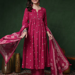 Rayon Calf Length Printed 3/4 Sleeves Round Neck Semi-Flared Kurta Suit Set