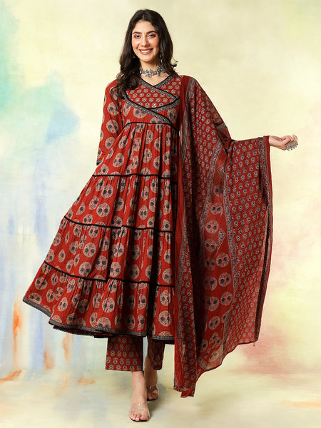 Maroon Cotton Calf Length Printed Flared V-Neck Kurta Suit Set