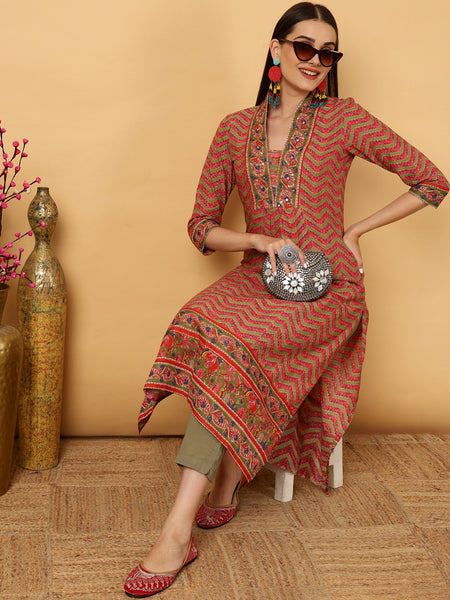 Green Cotton Calf Length A-Line V-Neck Kurta