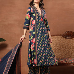 Cotton Calf Length Printed 3/4 Sleeves V-Neck Flared Kurta Suit Set