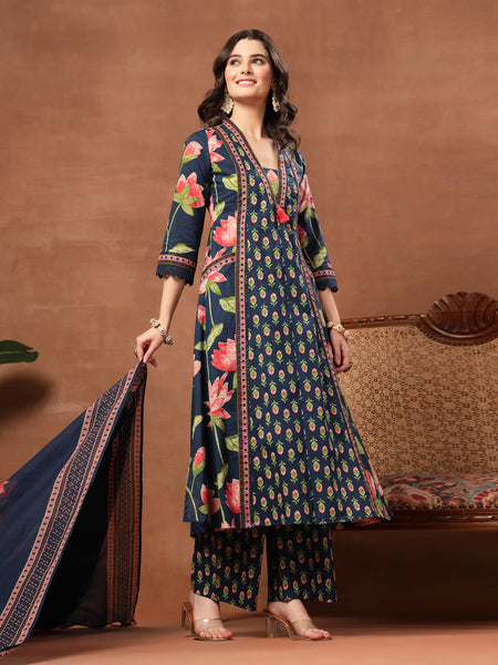 Cotton Calf Length Printed 3/4 Sleeves V-Neck Flared Kurta Suit Set