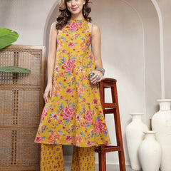 Cotton Calf Length Printed Sleeveless Round Neck Flared Kurta Suit Set